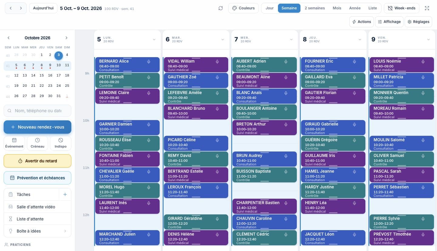 Vue semaine de l’agenda CabIMed : cinq matinées bien remplies, rendez-vous de vingt minutes et patients fictifs tous différents.