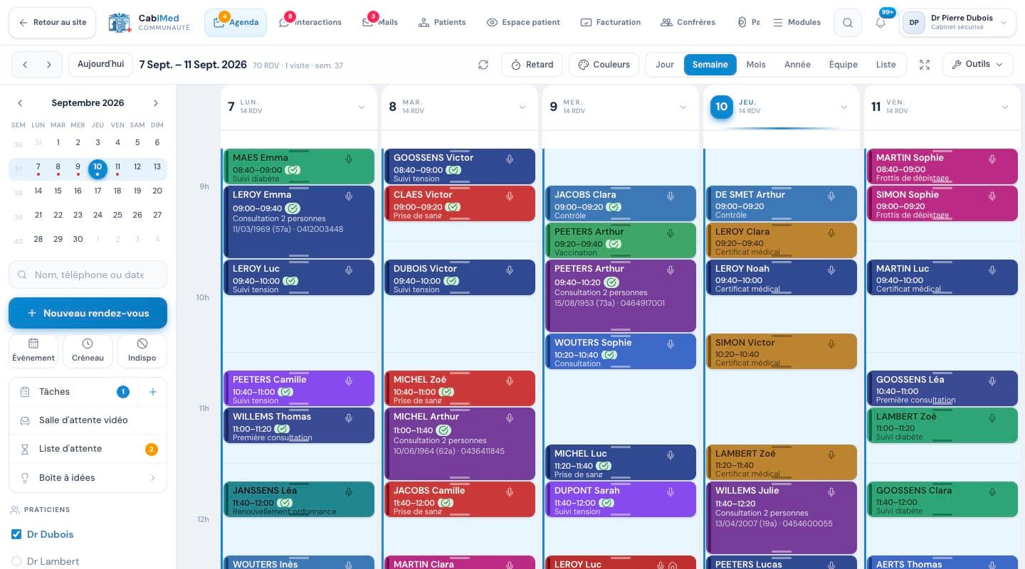 Agenda hebdomadaire CabIMed avec rendez-vous fictifs