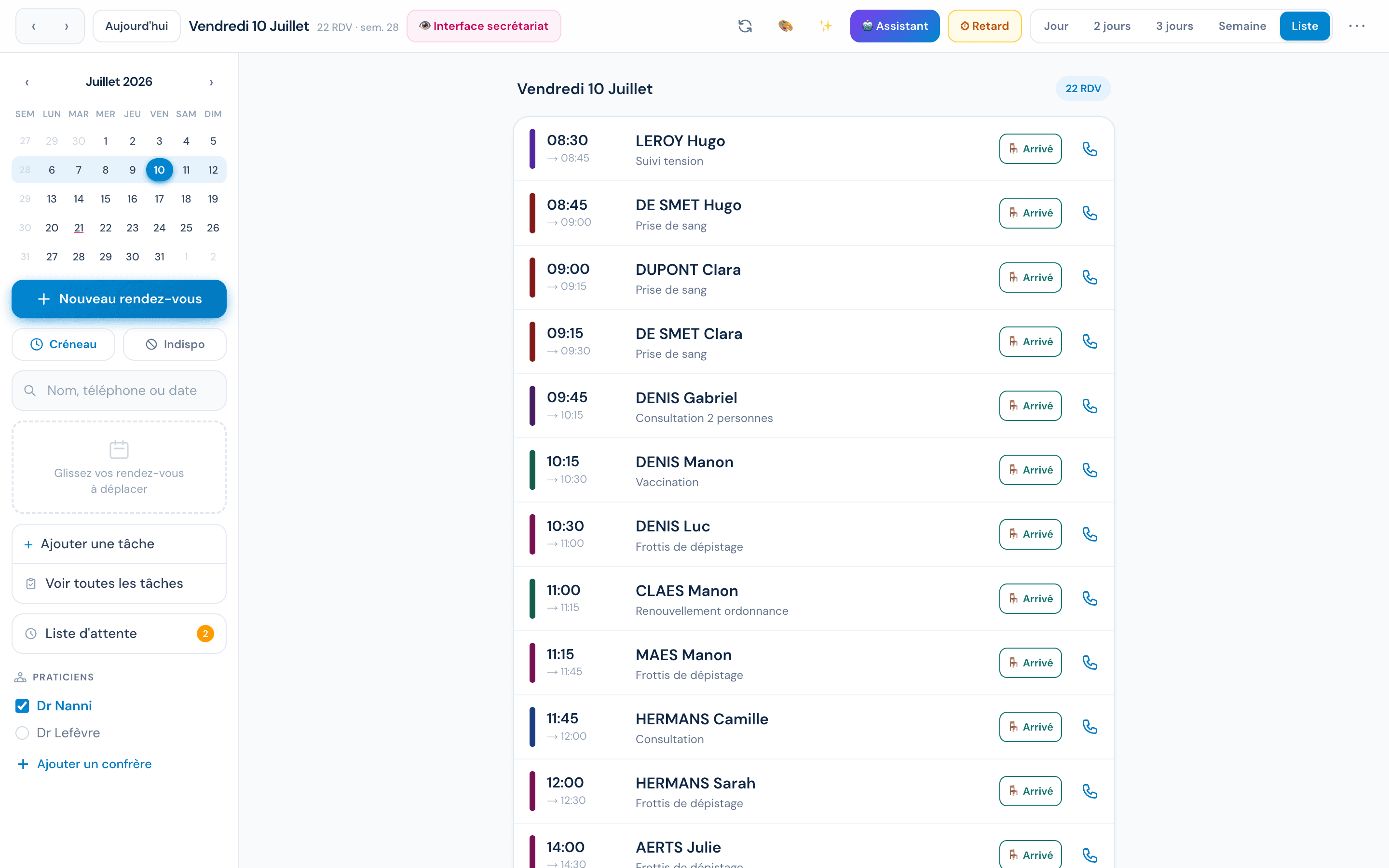 Vue liste nette de l’Agenda Pro CabIMed avec données de démonstration anonymisées