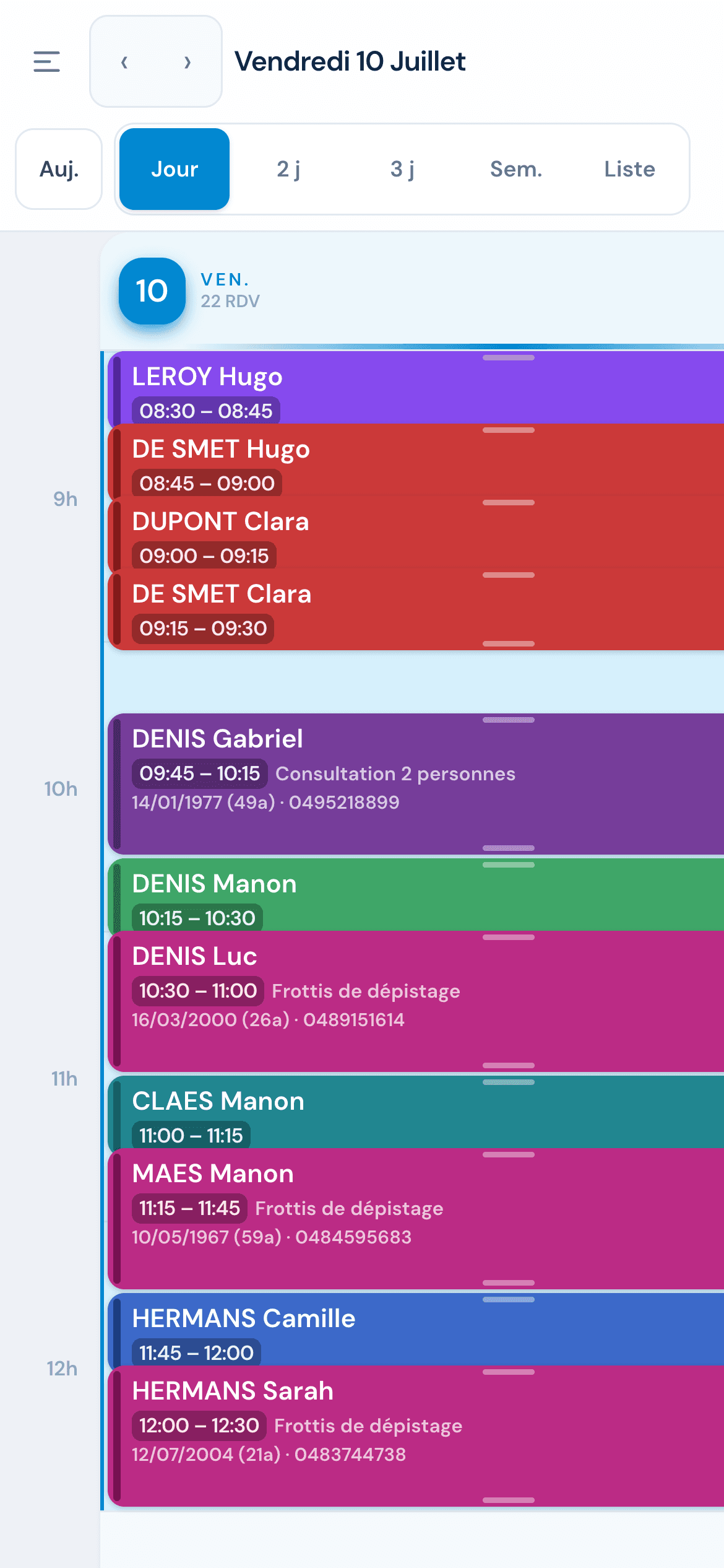 Agenda Pro CabIMed sur téléphone avec données fictives