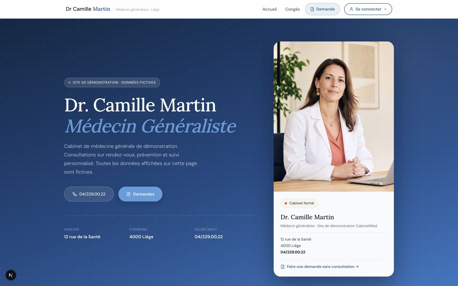 Accueil personnalisé du site professionnel fictif du Dr Camille Martin