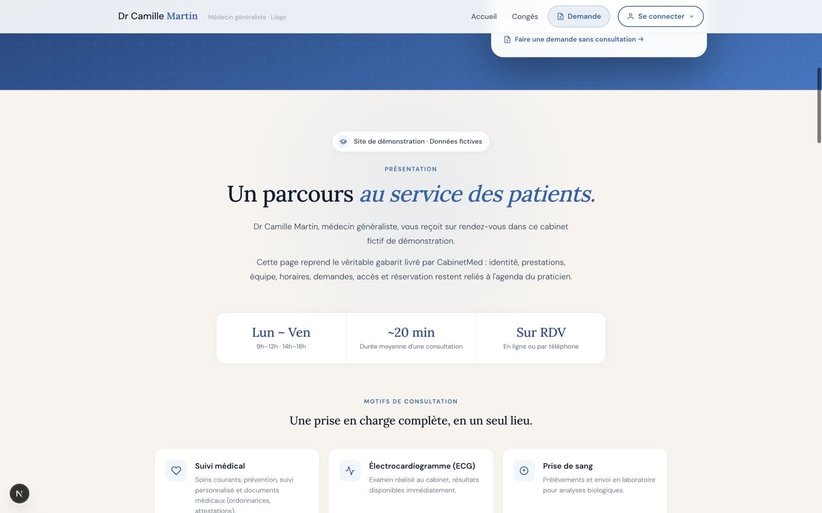 Présentation et motifs du site professionnel fictif du Dr Camille Martin