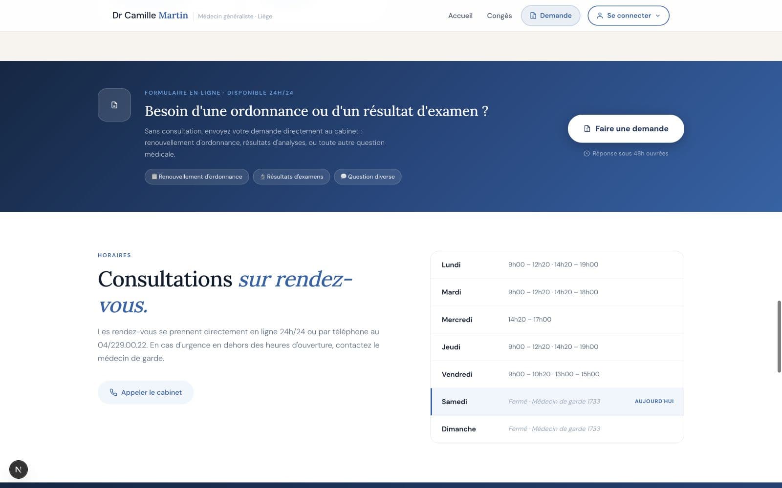 Demandes et horaires du site professionnel fictif du Dr Camille Martin