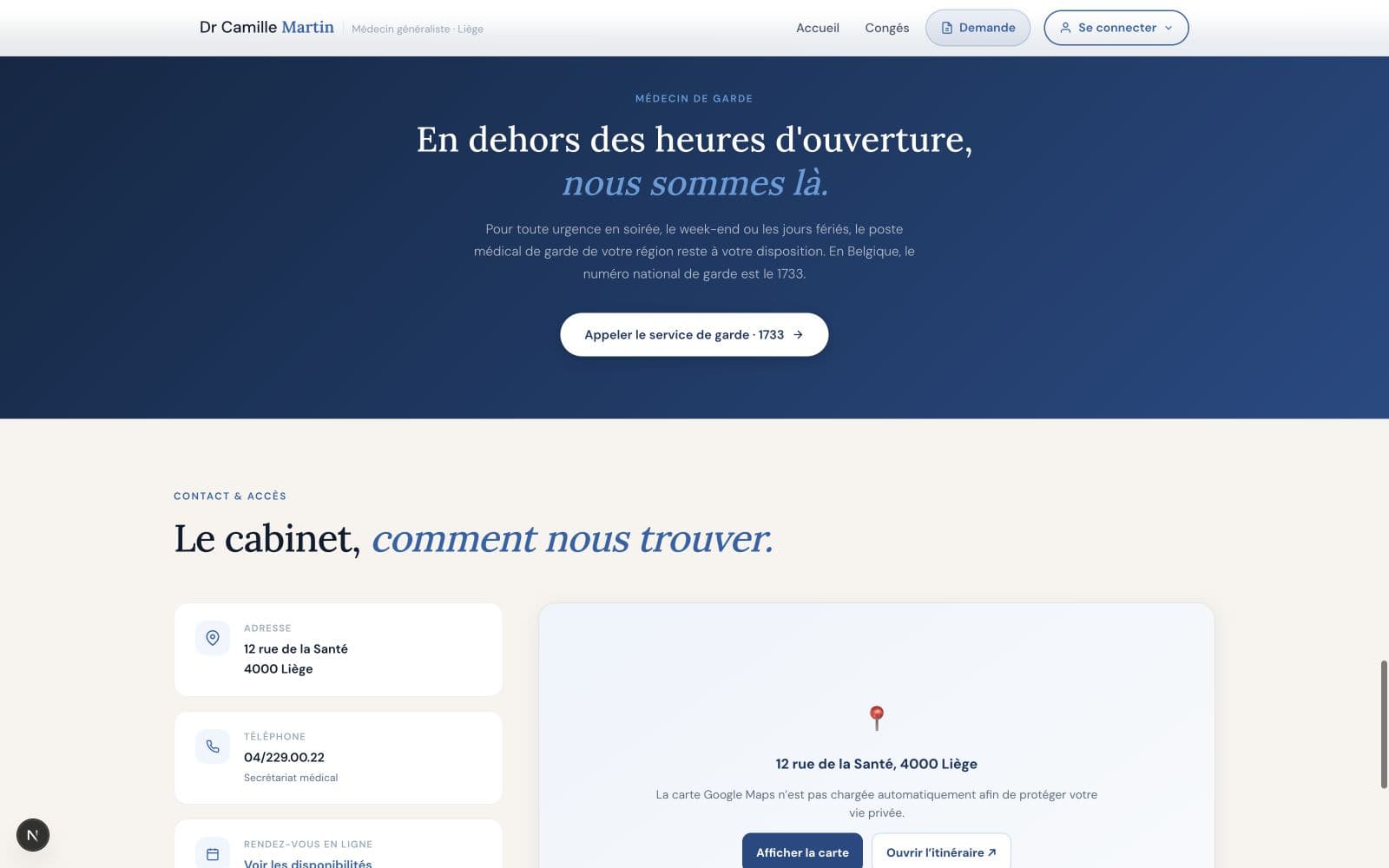 Garde, contact et accès du site professionnel fictif du Dr Camille Martin